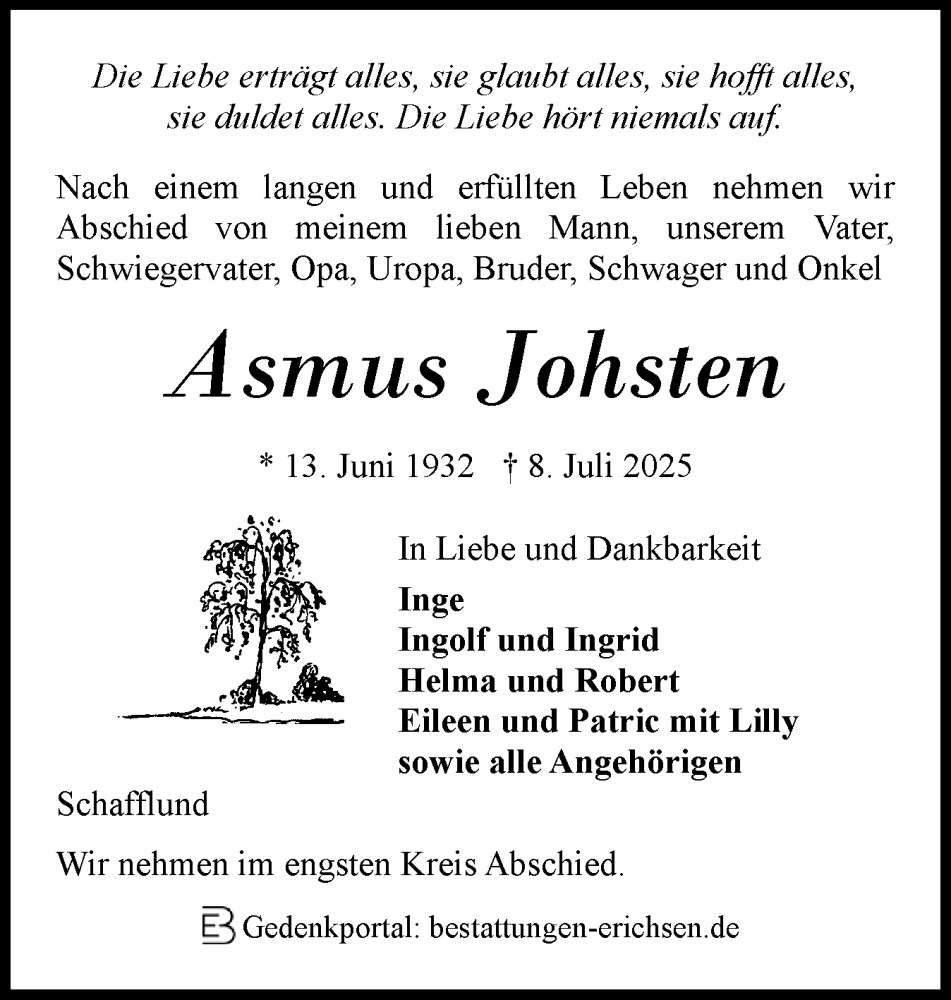  Traueranzeige für Asmus Johsten vom 16.07.2025 aus Flensburger Tageblatt