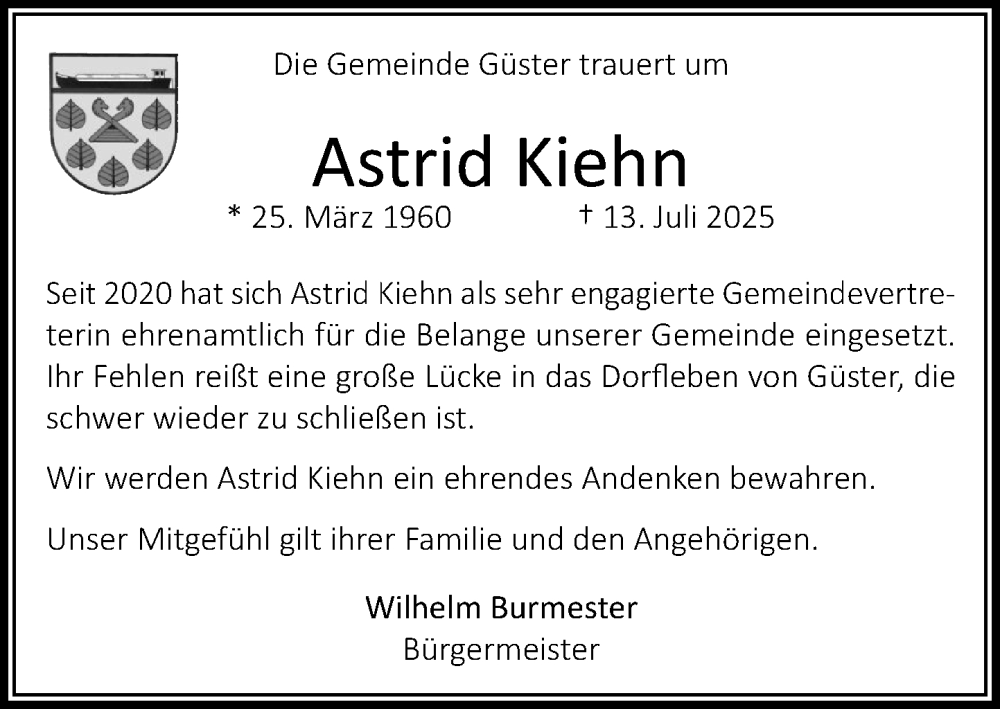  Traueranzeige für Astrid Kiehn vom 26.07.2025 aus Wochenend Anzeiger