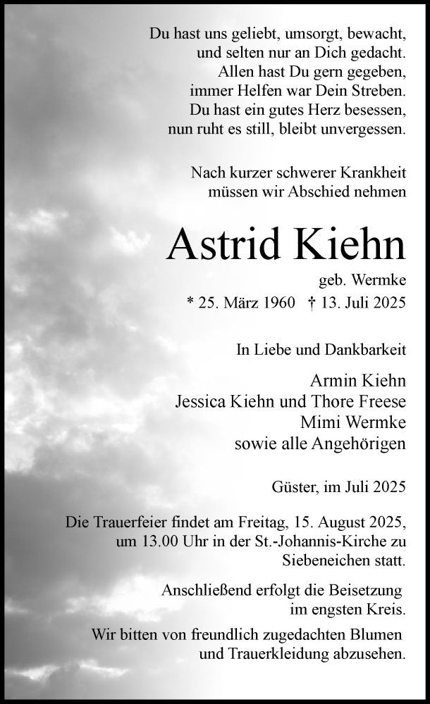  Traueranzeige für Astrid Kiehn vom 26.07.2025 aus MARKT Ratzeburg/Mölln