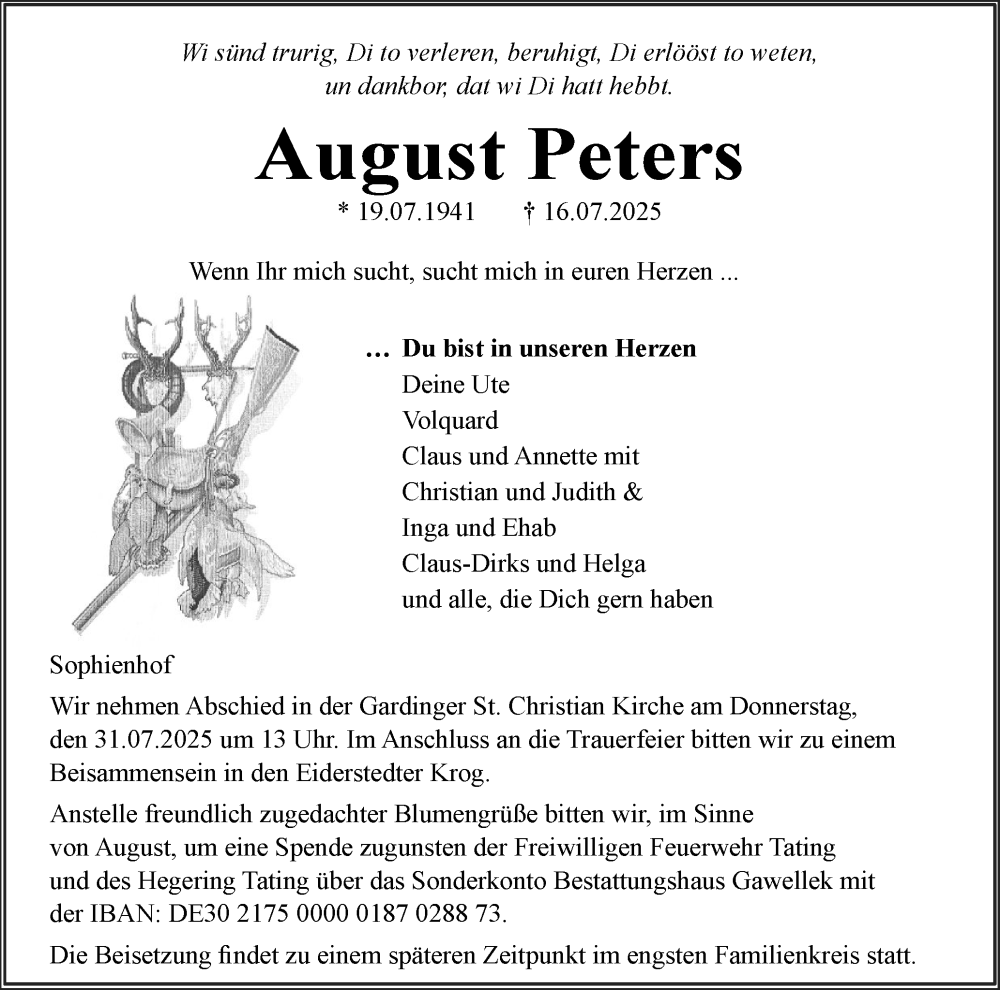  Traueranzeige für August Peters vom 25.07.2025 aus Husumer Nachrichten, Nordfriesland Tageblatt