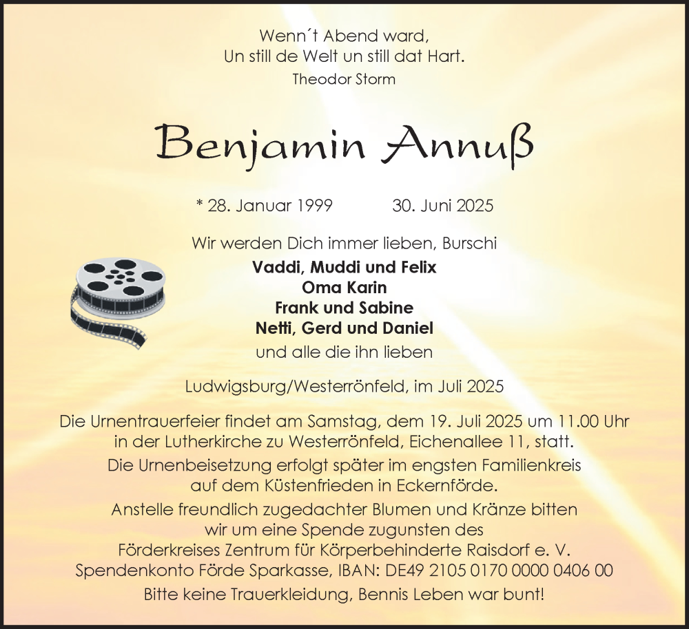  Traueranzeige für Benjamin Annuß vom 12.07.2025 aus Schleswig-Holsteinische Landeszeitung