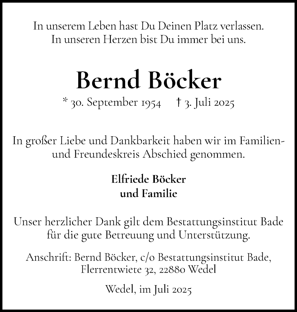  Traueranzeige für Bernd Böcker vom 19.07.2025 aus Wedel-Schulauer Tageblatt, tip Wedel-Schulauer Tageblatt, tip Rissener Rundschau