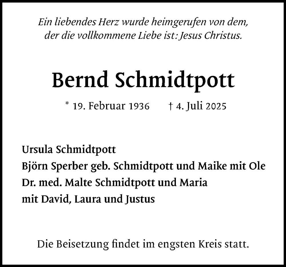  Traueranzeige für Bernd Schmidtpott vom 19.07.2025 aus Region Pinneberg und tip Pinneberg