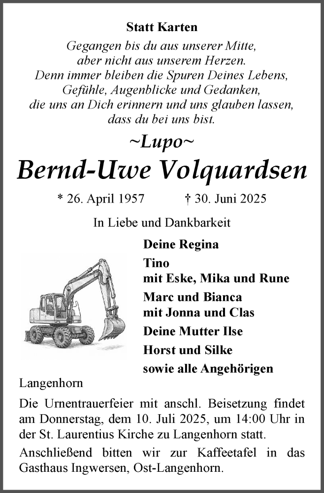  Traueranzeige für Bernd-Uwe Volquardsen vom 08.07.2025 aus Husumer Nachrichten, Nordfriesland Tageblatt