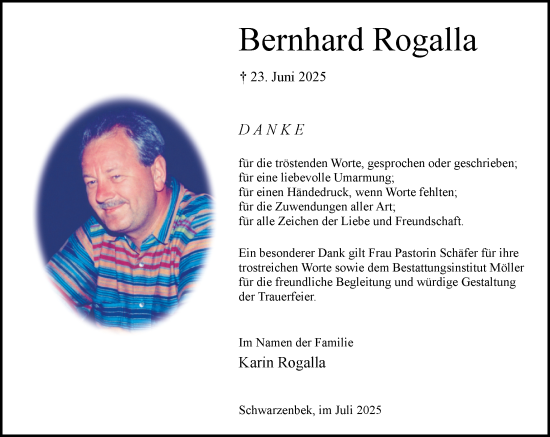 Traueranzeige von Bernhard Rogalla von Wochenend Anzeiger