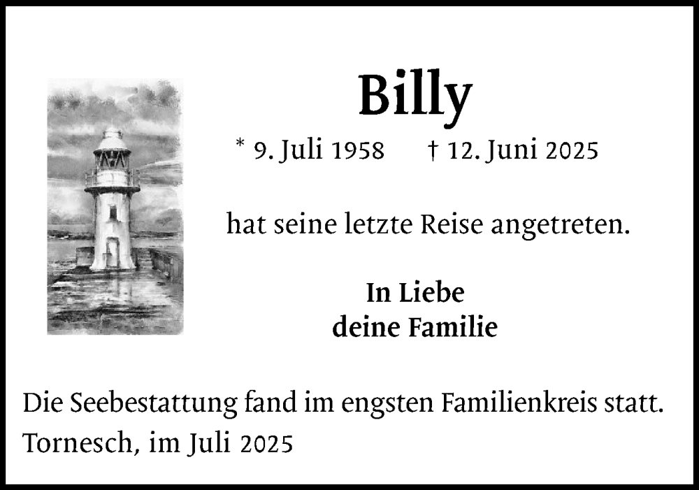 Traueranzeige für Billy  vom 12.07.2025 aus Uetersener Nachrichten, Der tip am Wochenende
