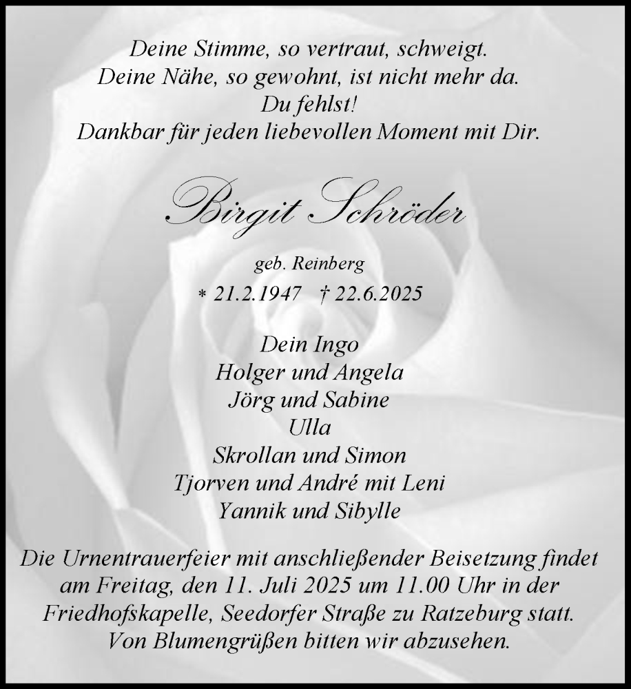  Traueranzeige für Birgit Schröder vom 05.07.2025 aus MARKT Ratzeburg/Mölln