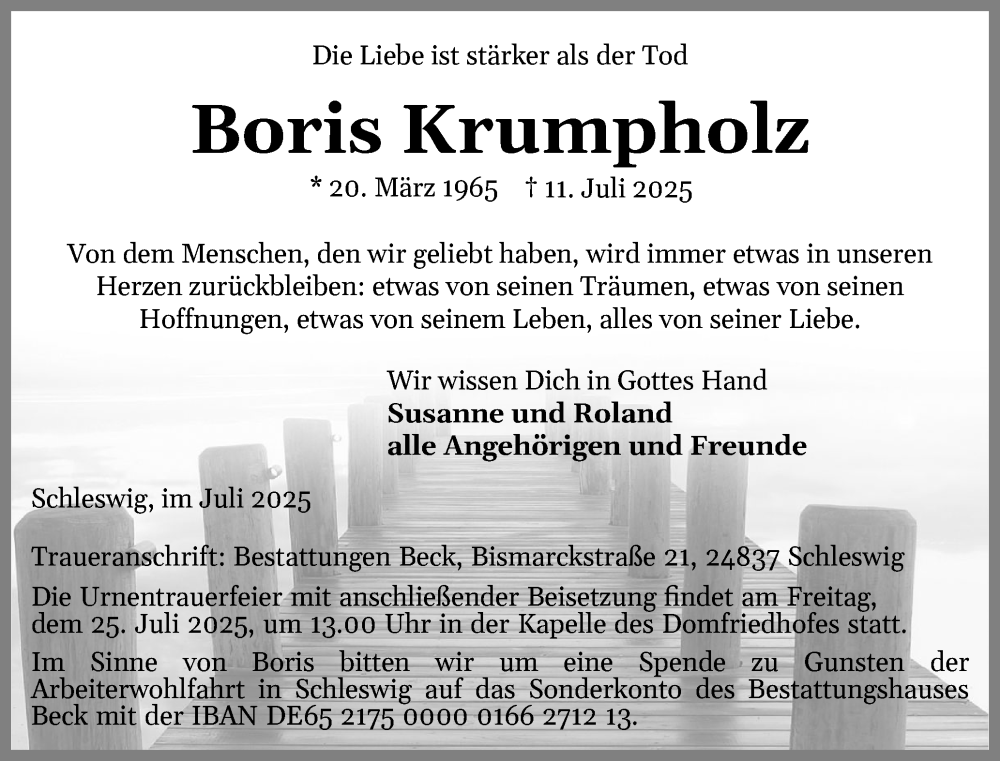  Traueranzeige für Boris Krumpholz vom 19.07.2025 aus Schleswiger Nachrichten, Schlei-Bote