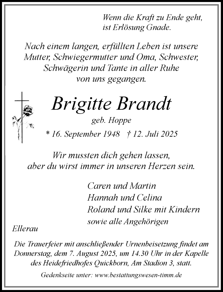  Traueranzeige für Brigitte Brandt vom 26.07.2025 aus Umschau