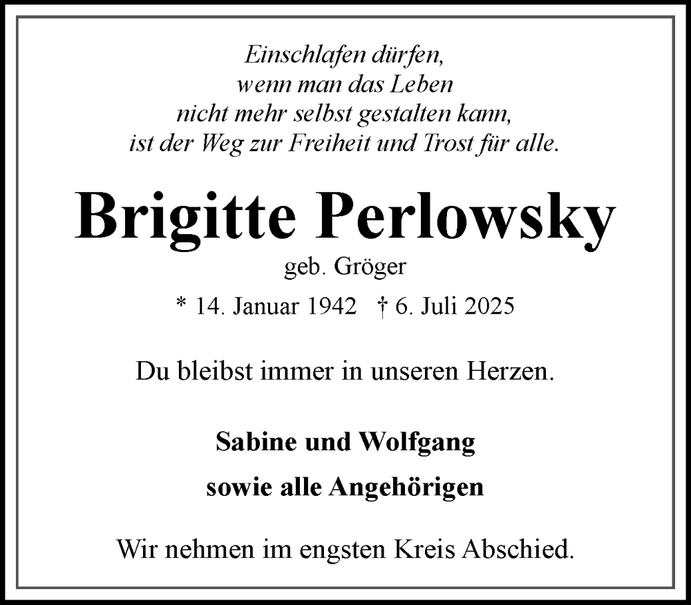  Traueranzeige für Brigitte Perlowsky vom 19.07.2025 aus Eckernförder Zeitung, Hallo Eckernförde