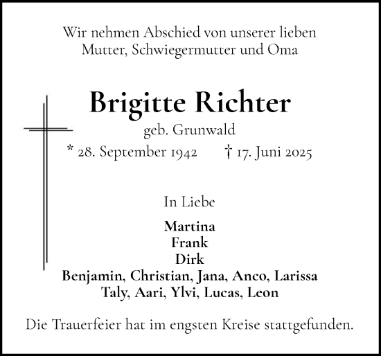 Traueranzeige von Brigitte Richter von Elmshorner Nachrichten, Barmstedter Zeitung