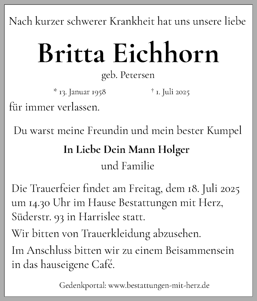  Traueranzeige für Britta Eichhorn vom 12.07.2025 aus Flensburger Tageblatt