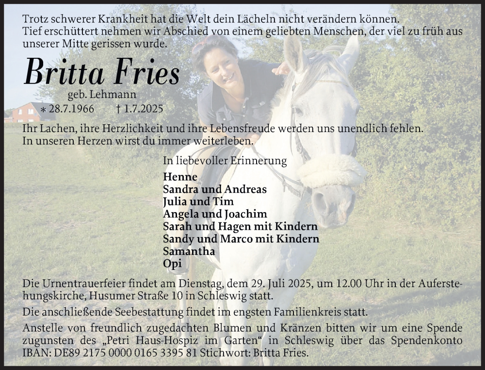  Traueranzeige für Britta Fries vom 12.07.2025 aus Eckernförder Zeitung, Hallo Eckernförde