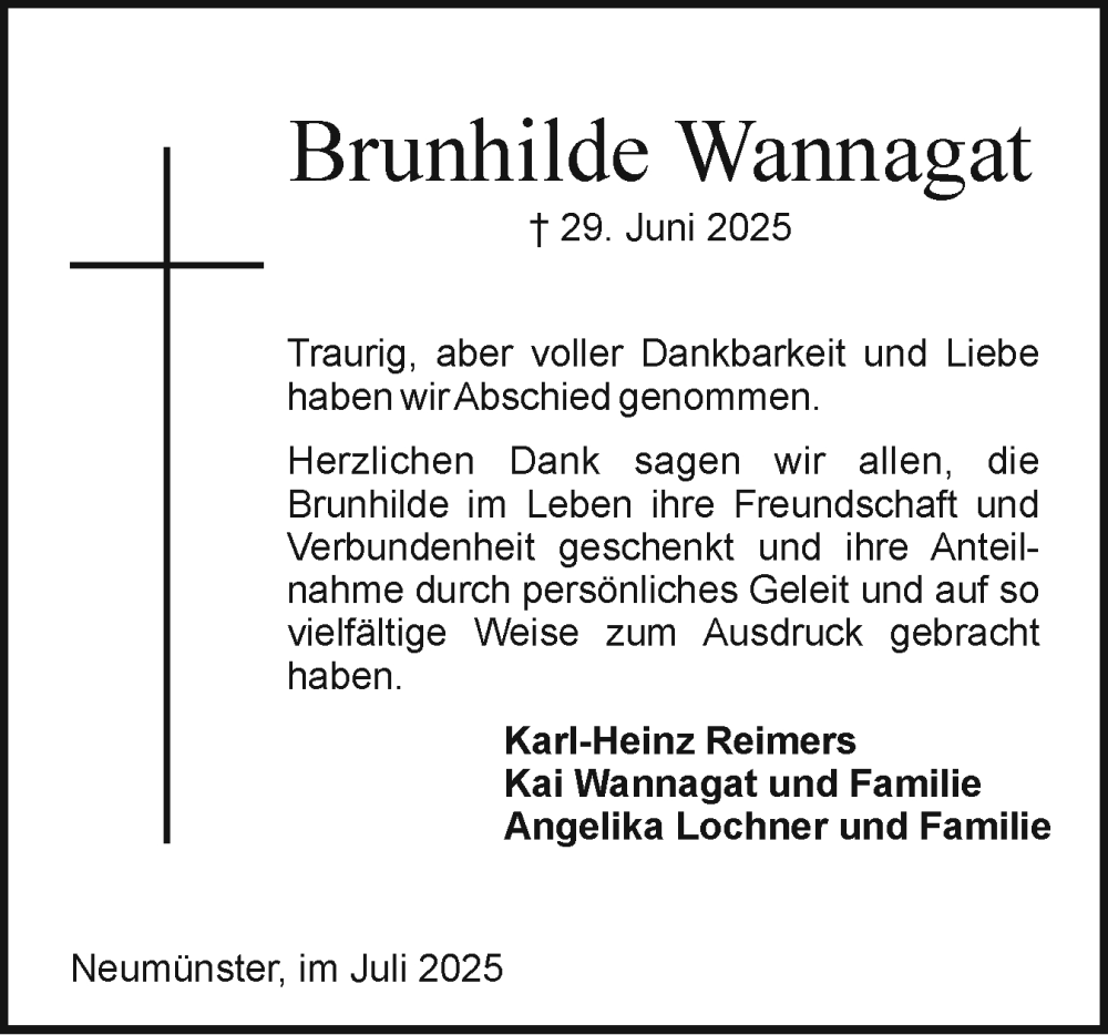  Traueranzeige für Brunhilde Wannagat vom 19.07.2025 aus Holsteinischer Courier