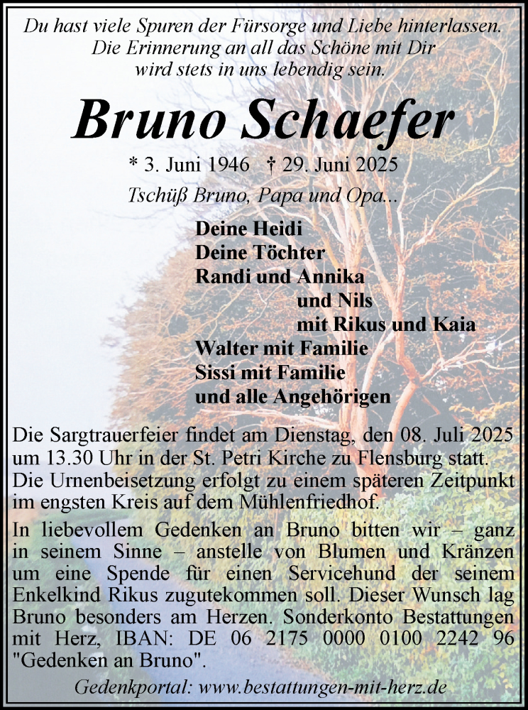  Traueranzeige für Bruno Schaefer vom 03.07.2025 aus Flensburger Tageblatt