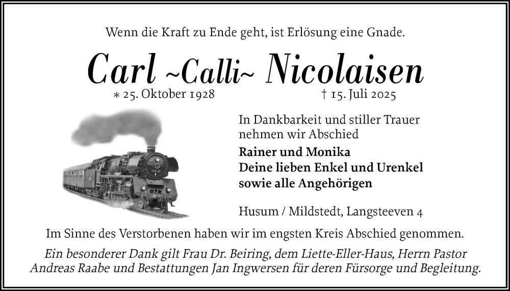  Traueranzeige für Carl Nicolaisen vom 26.07.2025 aus Husumer Nachrichten, Nordfriesland Tageblatt