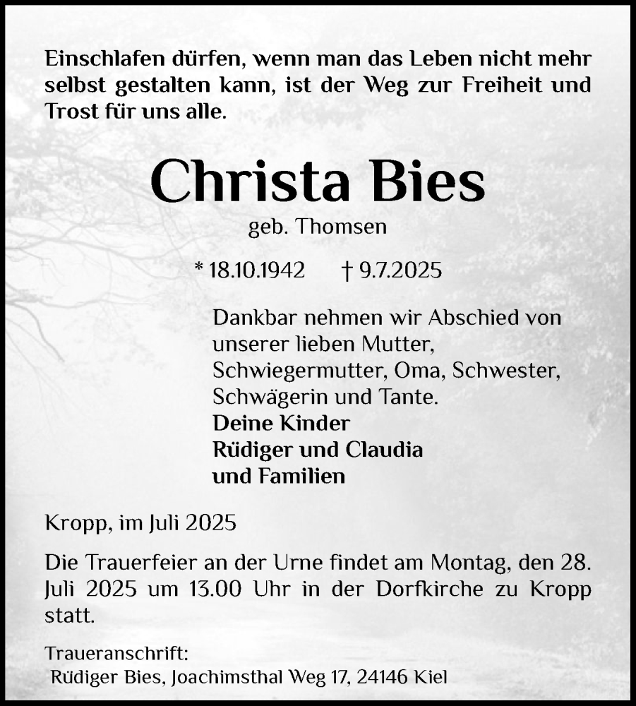  Traueranzeige für Christa Bies vom 21.07.2025 aus Schleswig-Holsteinische Landeszeitung