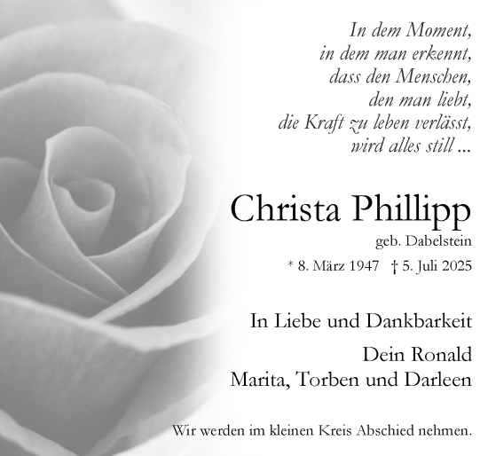 Traueranzeige von Christa Phillipp von Uetersener Nachrichten, Der tip am Wochenende