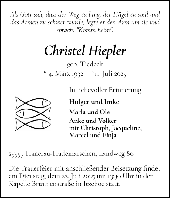Traueranzeige von Christel Hiepler von Norddeutsche Rundschau, Wilstersche Zeitung, Glückstädter Fortuna