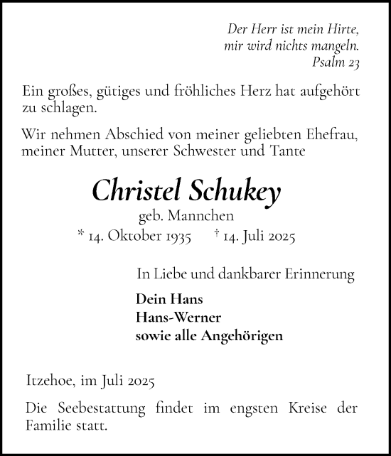 Traueranzeige von Christel Schukey von Norddeutsche Rundschau, Wilstersche Zeitung, Glückstädter Fortuna