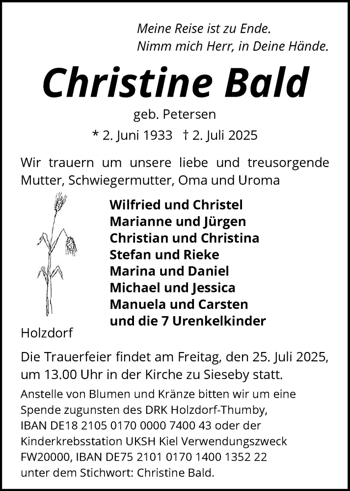  Traueranzeige für Christine Bald vom 19.07.2025 aus Eckernförder Zeitung, Hallo Eckernförde