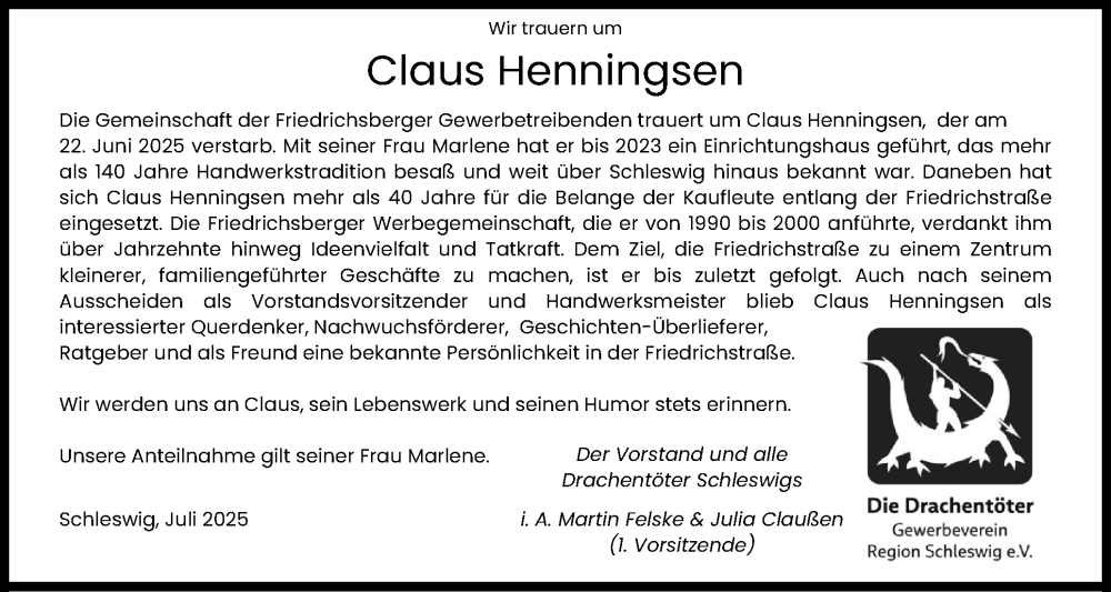  Traueranzeige für Claus Henningsen vom 05.07.2025 aus Schleswiger Nachrichten, Schlei-Bote