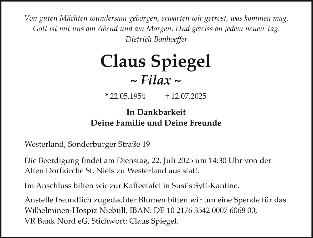  Traueranzeige für Claus Spiegel vom 19.07.2025 aus Sylter Rundschau