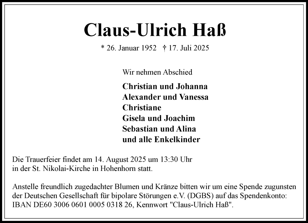  Traueranzeige für Claus-Ulrich Haß vom 26.07.2025 aus Wochenend Anzeiger