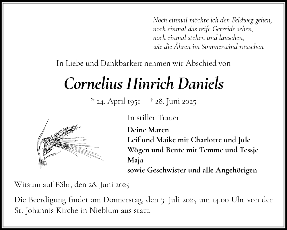  Traueranzeige für Cornelius Hinrich Daniels vom 02.07.2025 aus Der Insel-Bote