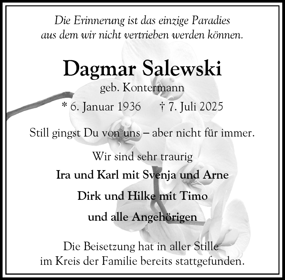  Traueranzeige für Dagmar Salewski vom 26.07.2025 aus Heimatspiegel