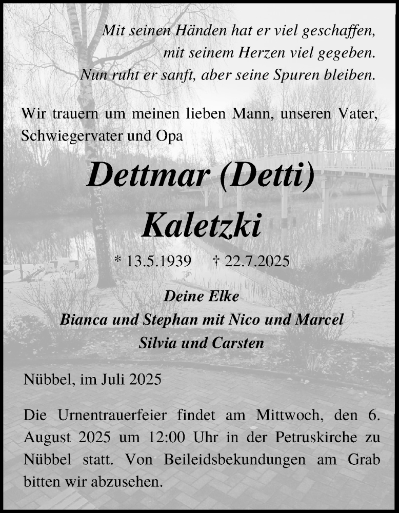  Traueranzeige für Dettmar Kaletzki vom 26.07.2025 aus Schleswig-Holsteinische Landeszeitung