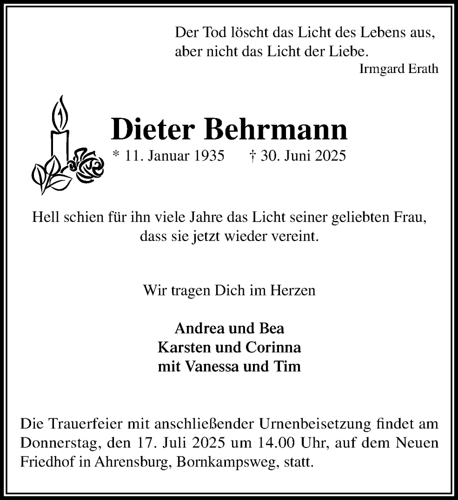  Traueranzeige für Dieter Behrmann vom 12.07.2025 aus MARKT Ahrensburg/Bargteheide/Trittau und Stormarner Tageblatt