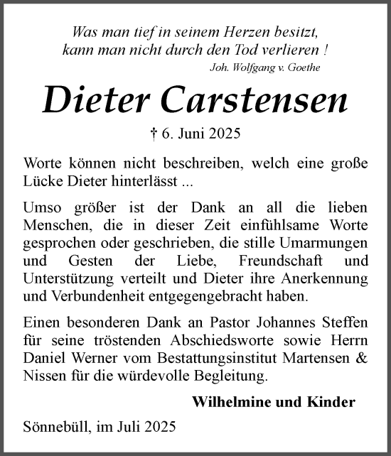 Traueranzeige von Dieter Carstensen von Husumer Nachrichten, Nordfriesland Tageblatt