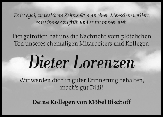 Traueranzeige von Dieter Lorenzen von Husumer Nachrichten, Nordfriesland Tageblatt