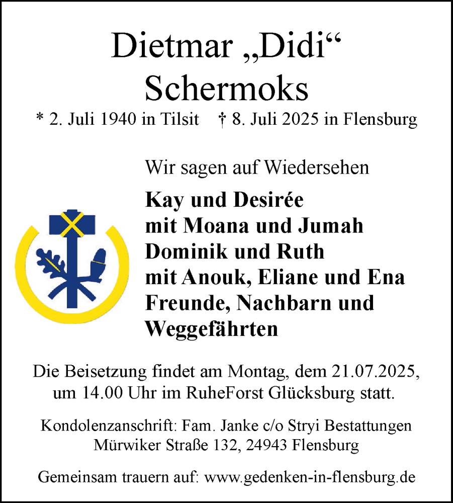  Traueranzeige für Dietmar Schermoks vom 19.07.2025 aus Flensburger Tageblatt