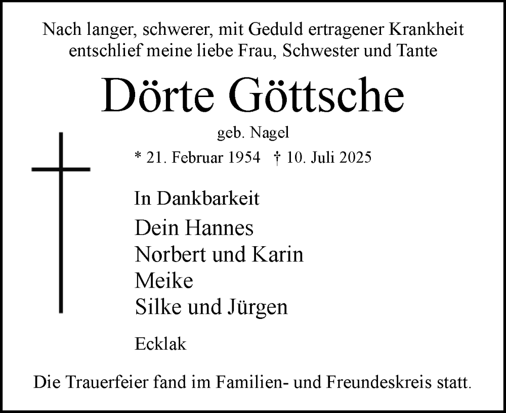  Traueranzeige für Dörte Göttsche vom 19.07.2025 aus Norddeutsche Rundschau, Wilstersche Zeitung, Glückstädter Fortuna
