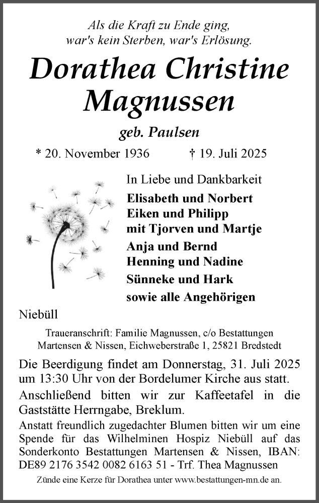  Traueranzeige für Dorathea Christine Magnussen vom 26.07.2025 aus Husumer Nachrichten, Nordfriesland Tageblatt