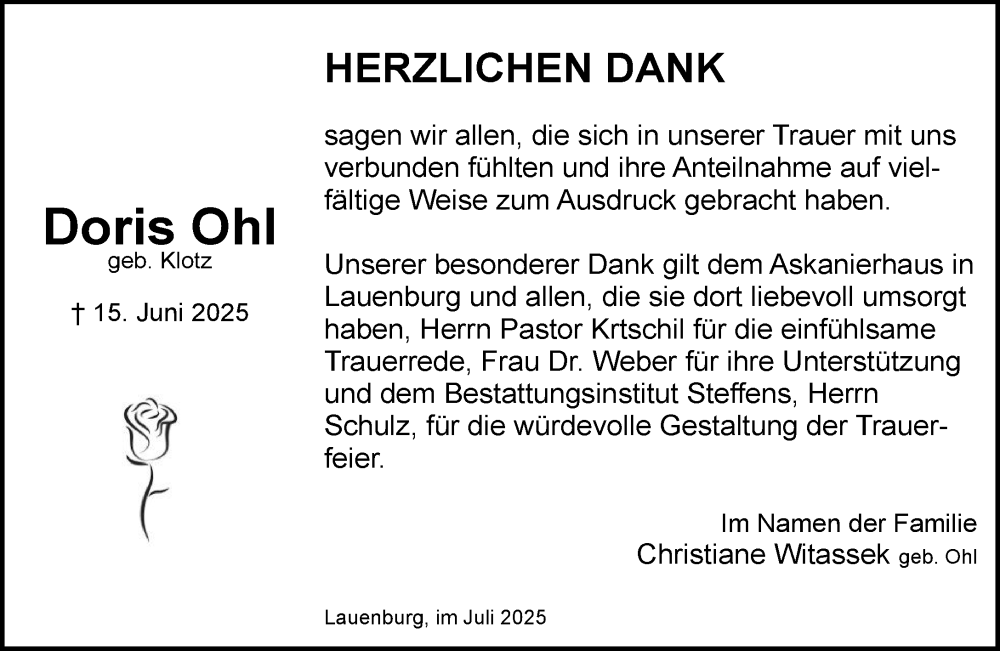  Traueranzeige für Doris Ohl vom 12.07.2025 aus Wochenend Anzeiger