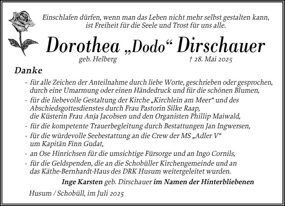  Traueranzeige für Dorothea Dirschauer vom 12.07.2025 aus Husumer Nachrichten, Nordfriesland Tageblatt