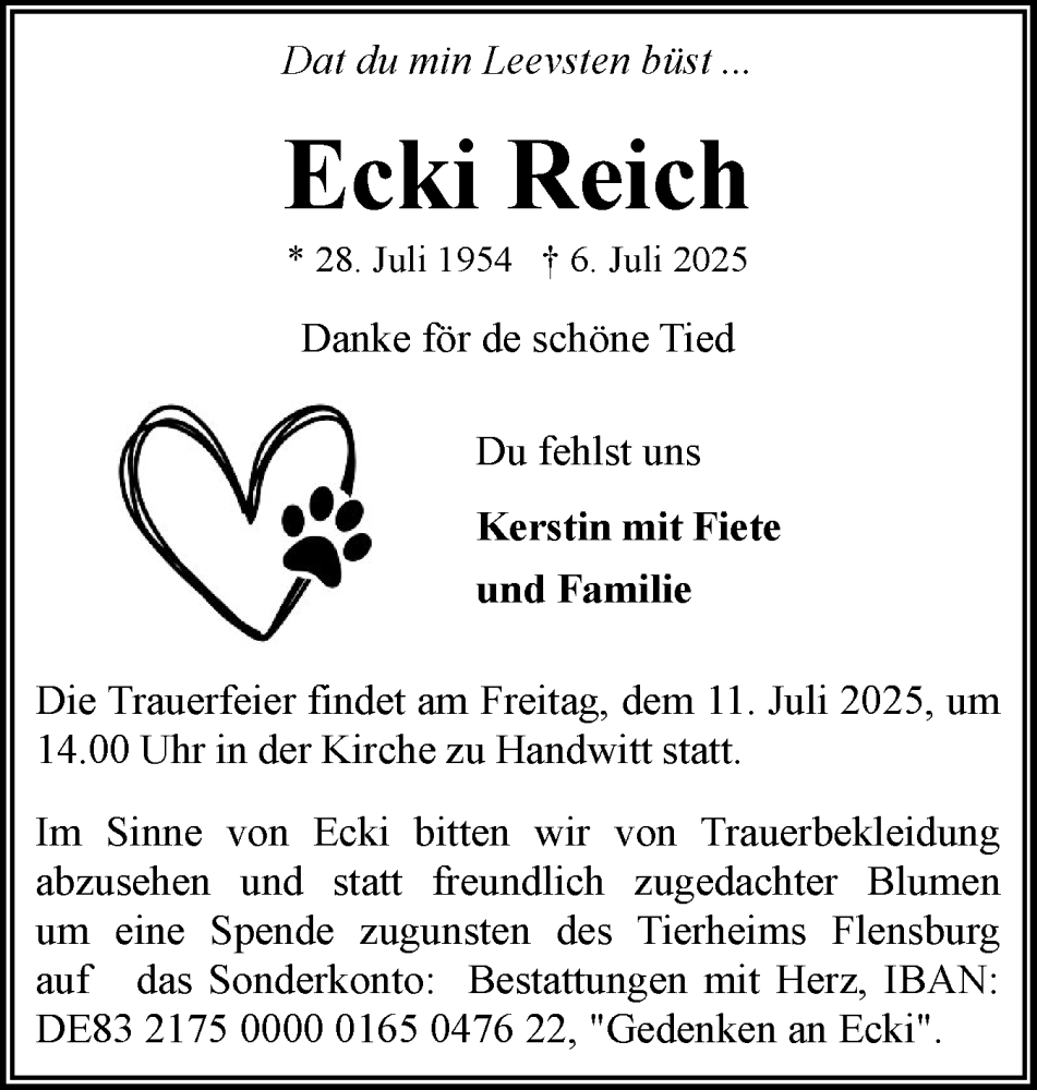  Traueranzeige für Ecki Reich vom 09.07.2025 aus Flensburger Tageblatt
