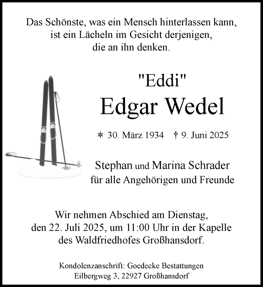  Traueranzeige für Edgar Wedel vom 05.07.2025 aus MARKT Ahrensburg/Bargteheide/Trittau und Stormarner Tageblatt