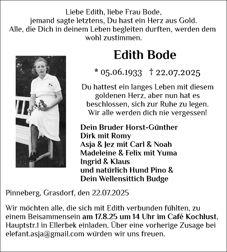  Traueranzeige für Edith Bode vom 26.07.2025 aus Region Pinneberg und tip Pinneberg