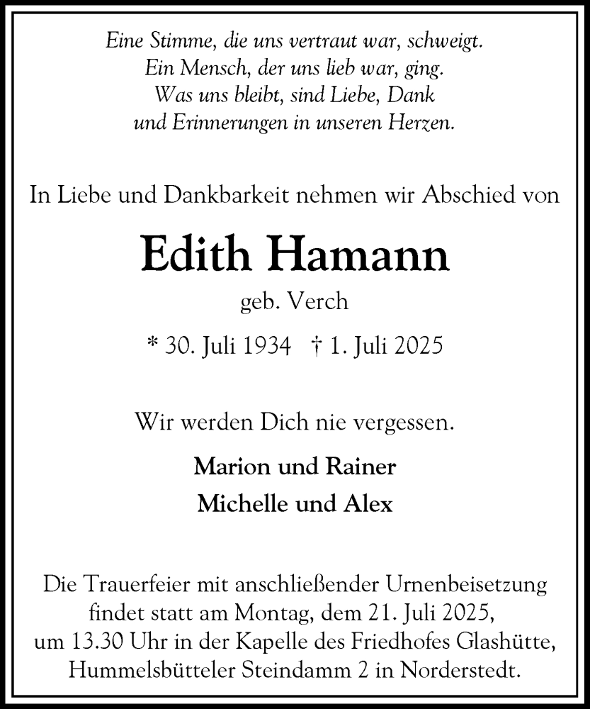  Traueranzeige für Edith Hamann vom 12.07.2025 aus Heimatspiegel