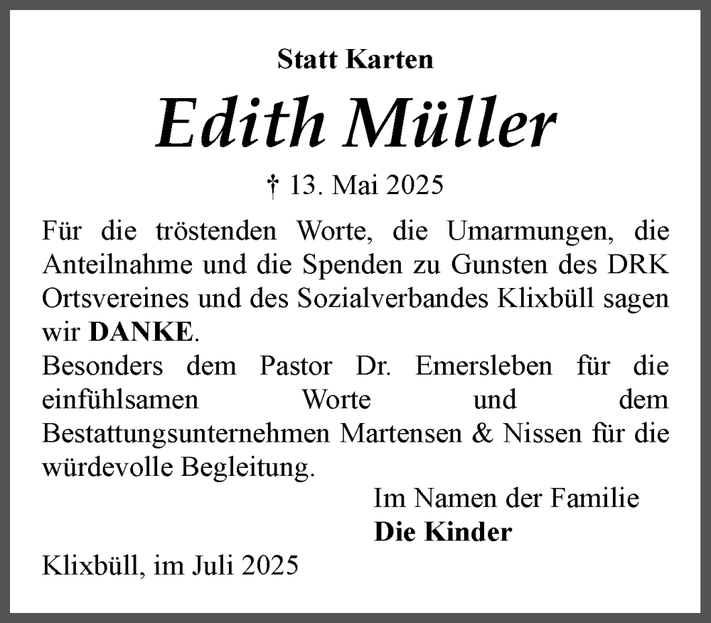  Traueranzeige für Edith Müller vom 05.07.2025 aus Husumer Nachrichten, Nordfriesland Tageblatt