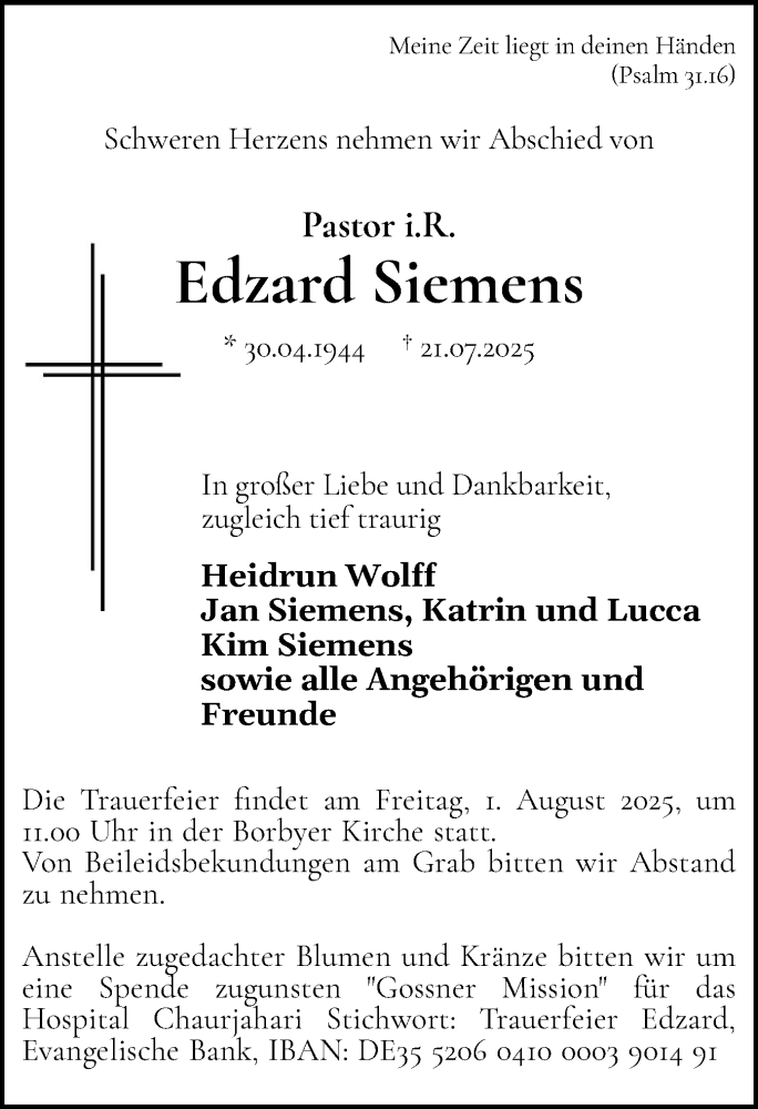  Traueranzeige für Edzard Siemens vom 26.07.2025 aus Eckernförder Zeitung