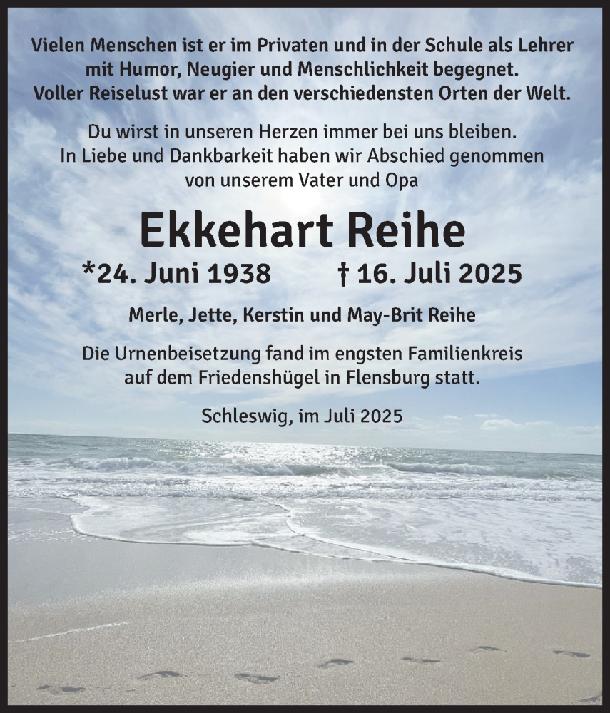  Traueranzeige für Ekkehart Reihe vom 26.07.2025 aus Schleswiger Nachrichten, Schlei-Bote