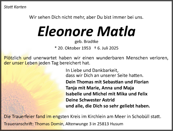Traueranzeige von Eleonore Matla von Husumer Nachrichten, Nordfriesland Tageblatt