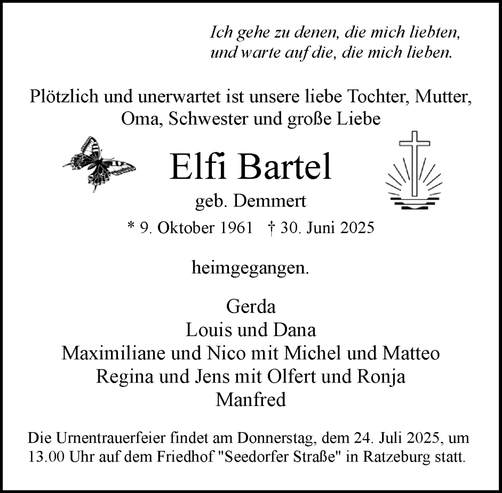  Traueranzeige für Elfi Bartel vom 19.07.2025 aus MARKT Ratzeburg/Mölln