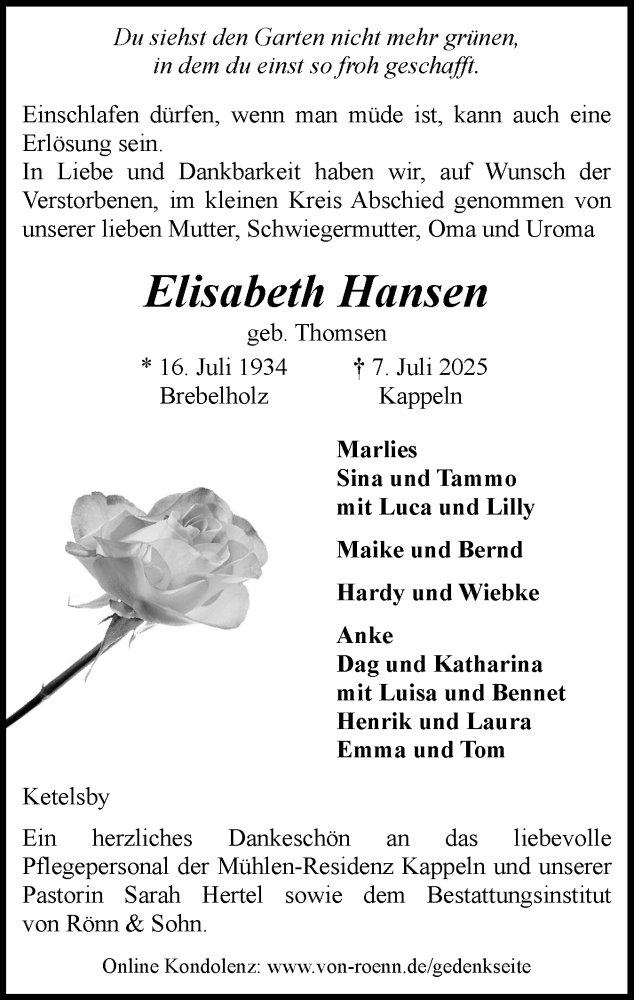  Traueranzeige für Elisabeth Hansen vom 19.07.2025 aus Schleswiger Nachrichten, Schlei-Bote