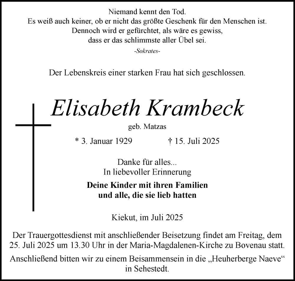  Traueranzeige für Elisabeth Krambeck vom 22.07.2025 aus Schleswig-Holsteinische Landeszeitung
